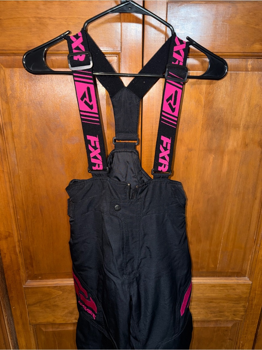 FXR Kids Black Snow Bibs with Pink Suspenders